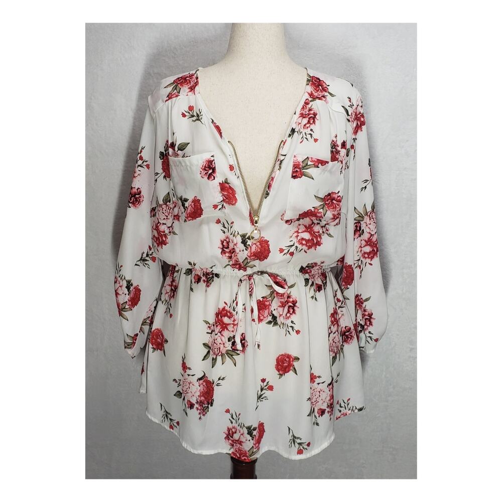 Stella Tweed Womens Plus 2X Floral Tunic Blouse 1/4 Zip Roll Tab Sleeve Boho Top